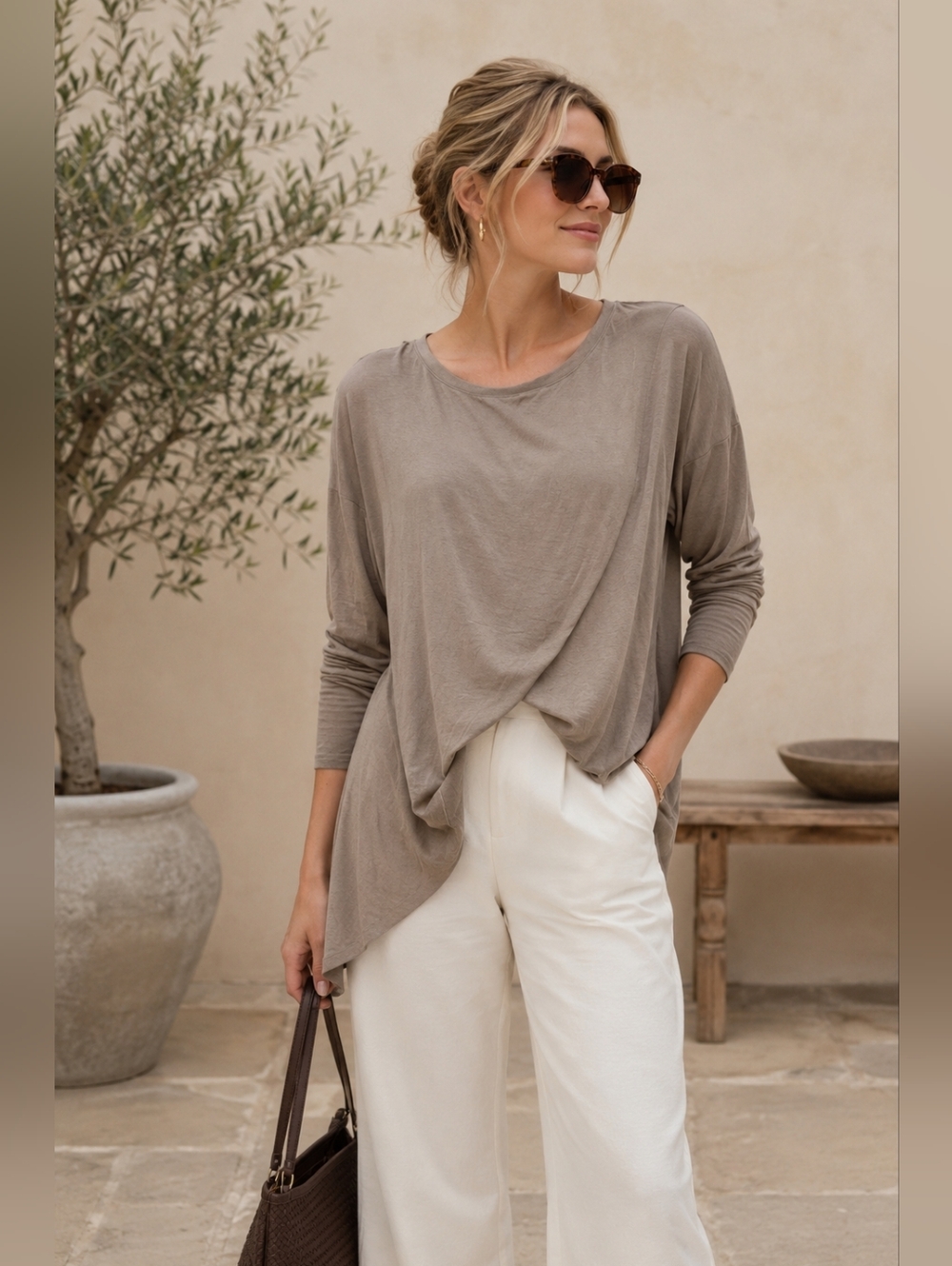 NWT Relaxed Wrap-Front Women's Top in Taupe/Green